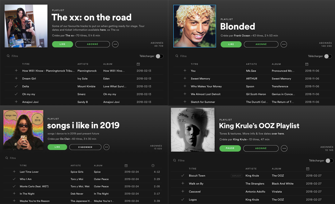 Personal Spotify playlists by The XX, Frank Ocean, Clairo et King Krule
