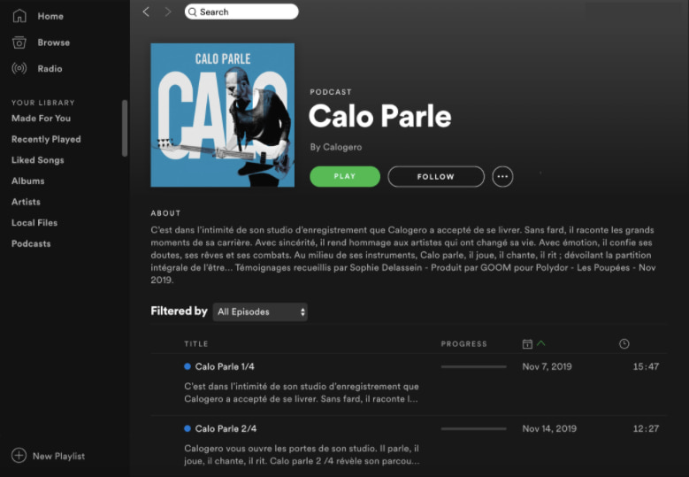 Le podcast "Calo Parle" de Calogero dans lequel il use du storytelling en dévoilant son intimité avec ses fans.