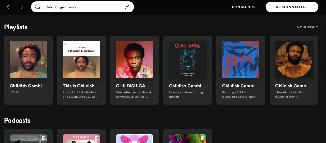 Associez vos playlists Spotify à quelques artistes pour tomber dans les résultats de recherches - Exemple avec Childish Gambino