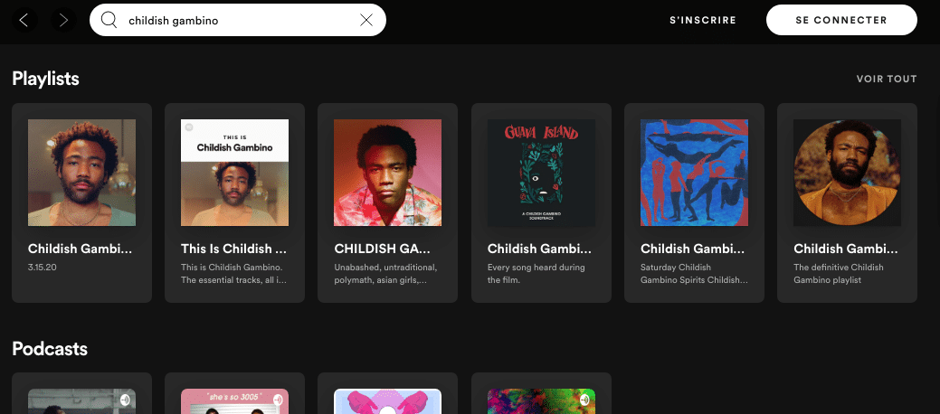 Associate your Spotify playlist with a few artists to fall into the search results - Example with Childish Gambino