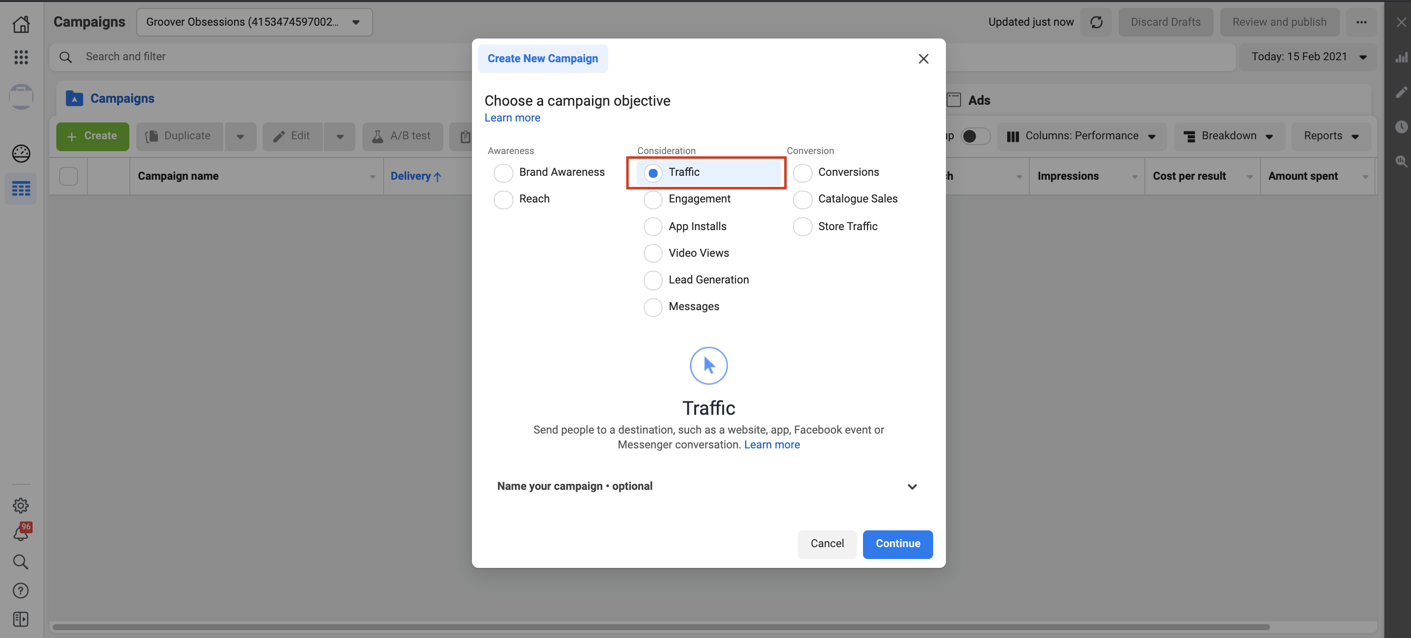 Creation of a Facebook Ads Traffic Campaign