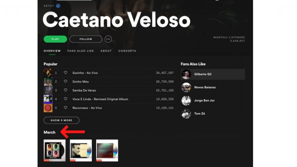 Caetano Veloso anuncia seu merchandising em seu perfil do Spotify