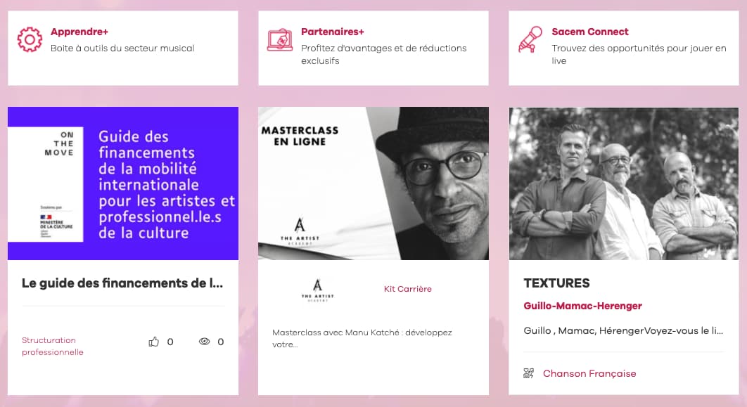 Avec Sacem Plus, bénéficiez d'avantages exclusifs grâce à des modules interactifs et gratuits : Partenaires+, bénéficiez de réductions et d’avantages chez nos partenaires (matériel, hébergement, accréditation…) ; Sacem Connect, présentez votre spectacle, concert ou DJ set à des lieux qui cherchent des artistes pour leurs événements ; Apprendre+, enrichissez vos connaissances.