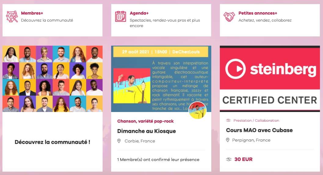 Avec Sacem Plus, bénéficiez d'avantages exclusifs grâce à des modules interactifs et gratuits : Membres+, créez votre page de profil et consultez celle des autres membres de la communauté ; Agenda+, publiez l’agenda de vos événements, découvrez ceux des autres membres et de nombreux rendez-vous professionnels ; Petites annonces+, achetez ou vendez des objets et proposez ou recherchez des collaborations.