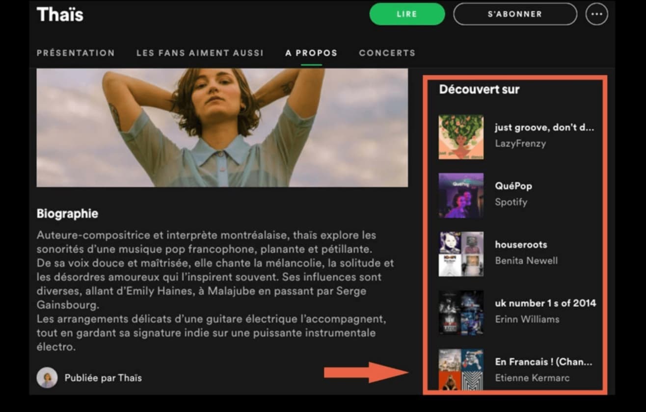 L'artiste peut regarder les playlists officielles ou playlists de tiers dans lesquelles ses artistes similaires apparaissent sur Spotify.