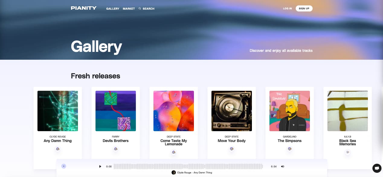 Pianity homepage - music NFT