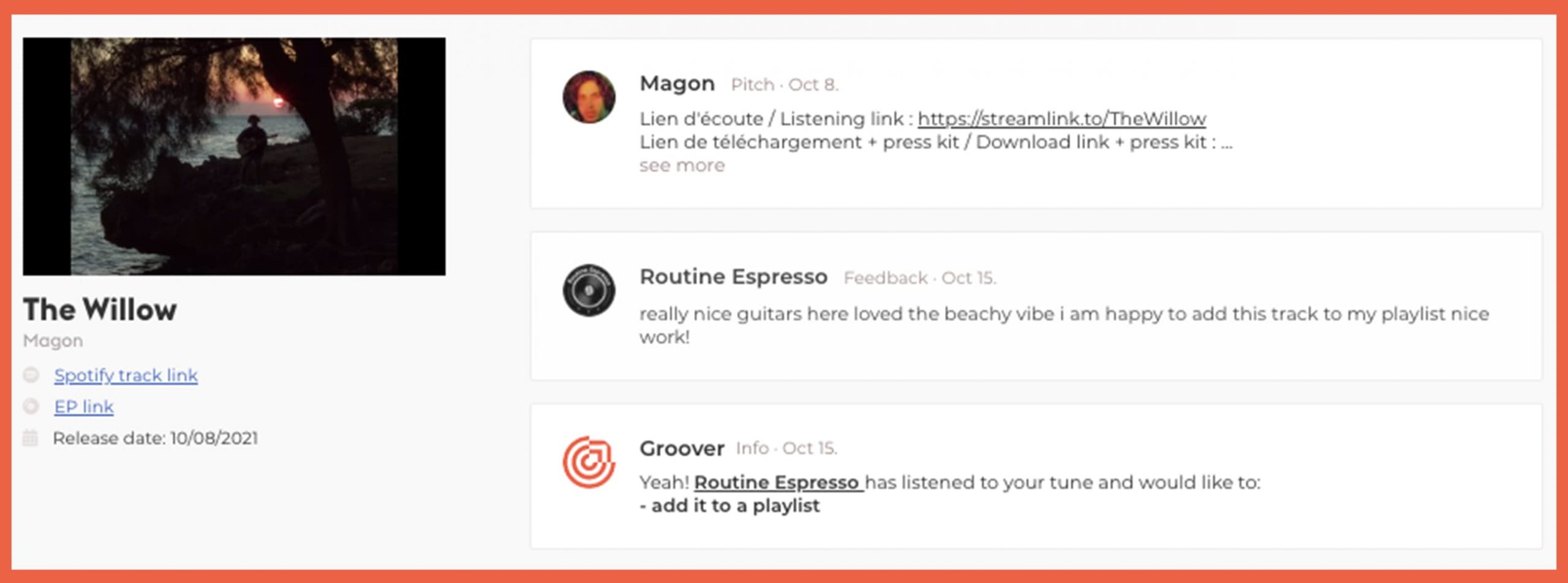 Example of feedback from Groover - the music promotion platform that allows you to receive feedback from music pros, with the opportunity to share.